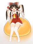  1girl :d absurdres alternate_hairstyle armpits ascot bangs bean_bag_chair blush bow breasts brown_eyes brown_hair detached_sleeves hair_bow hair_tubes hakurei_reimu hands_up highres holding holding_hair housulu knees_together_feet_apart long_hair looking_at_viewer no_shoes open_mouth over-kneehighs petite red_bow ribbon-trimmed_sleeves ribbon_trim simple_background sitting skirt skirt_set sleeves_past_elbows small_breasts smile solo thighhighs touhou twintails white_background white_thighhighs wide_sleeves 