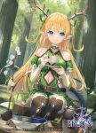  1girl belt blonde_hair blue_eyes choker cleavage_cutout clothing_cutout cup detached_sleeves dress elf eroica forest freyja_(eroica) green_choker green_dress green_ribbon hair_ribbon kobuta long_hair nature navel_cutout official_art pointy_ears ribbon sitting_on_tree_stump smile solo teacup two_side_up 