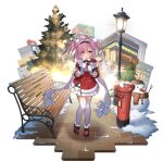 1girl ahoge azur_lane bangs bench black_hairband box christmas christmas_lights christmas_tree closed_eyes fur-trimmed_shirt fur_trim gift gift_box hair_between_eyes hairband highres holding holding_gift long_hair long_sleeves mittens official_alternate_costume official_art one_eye_closed open_mouth park_bench pink_hair pleated_skirt postbox_(outgoing_mail) purple_eyes red_footwear red_shirt saratoga_(azur_lane) saratoga_(silent_night_songstress)_(azur_lane) saru scarf shirt skirt snow snowman solo twintails white_scarf white_skirt 