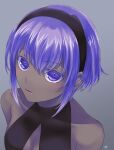  1girl black_hairband breasts cleavage commentary_request dark-skinned_female dark_skin fate/grand_order fate_(series) grey_background hairband halterneck hassan_of_serenity_(fate) lo_lis medium_breasts purple_eyes purple_hair short_hair signature solo upper_body very_dark_skin 