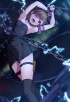  1girl armlet armpits arms_up bangs black_dress black_socks bob_cut bracelet breasts brown_hair building chain choker city collarbone commentary commission cosplay crossover dress electricity eyepatch falling fate/stay_night fate_(series) from_above highres holding holding_weapon jewelry k3rd kneehighs looking_at_viewer medusa_(fate) medusa_(rider)_(fate) medusa_(rider)_(fate)_(cosplay) misaka_mikoto nameless_dagger_(fate) night open_mouth perspective pouch purple_choker short_dress short_hair shouting skyscraper small_breasts socks solo spikes strapless strapless_dress swept_bangs symbol-only_commentary thigh_strap thighs toaru_kagaku_no_railgun toaru_majutsu_no_index weapon 
