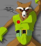  absurd_res anthro bodily_fluids bulge clothed clothing dialogue dripping genital_fluids guardians_of_the_galaxy hi_res lying male mammal marvel marvel_cinematic_universe monroethefox open_clothing open_shirt open_topwear precum precum_drip procyonid raccoon rocket_raccoon shirt solo topwear 