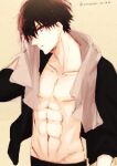  1boy abs arm_at_side bangs black_hair black_pants black_shirt collar_x_malice collarbone facing_to_the_side grey_towel highres long_bangs looking_at_viewer male_focus muscular muscular_male nipples open_clothes open_shirt pants pectorals pink_eyes shirt short_hair sketch sleeves_past_elbows solo sorata_(usausa) towel towel_around_neck twitter_username wet wet_hair yanagi_aiji 