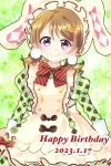  1girl animal_ears bow brown_bow brown_hair dress fake_animal_ears frilled_dress frills green_sleeves hair_ornament hairpin happy_birthday highres juliet_sleeves koizumi_hanayo long_sleeves love_live! love_live!_school_idol_project low_twintails puffy_sleeves purple_eyes rabbit_ears raised_eyebrows smile striped striped_bow sugachon twintails yellow_headwear 