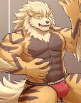  5_fingers abs anthro arcanine biceps blue_eyes bulge claws clothed clothing countershade_fur countershade_torso countershading fingers fur generation_1_pokemon hi_res jockstrap jockstrap_only male muscular muscular_anthro muscular_male nintendo open_mouth open_smile orange_body orange_fur pecs pokemon pokemon_(species) red_clothing red_jockstrap red_underwear smile solo terraxle topless underwear underwear_only 