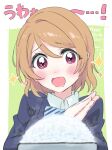  1girl absurdres blue_bow blue_bowtie blue_jacket blush bow bowtie brown_hair curly_hair drooling eyebrows_hidden_by_hair happy_birthday highres jacket koizumi_hanayo love_live! love_live!_school_idol_project nnhs_kke open_mouth otonokizaka_school_uniform own_hands_together purple_eyes school_uniform smile sparkle sparkling_eyes 