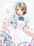  1girl apron blue_bow blue_bowtie bow bowtie brown_hair card clothes_lift curly_hair dress eyebrows_hidden_by_hair floral_print flower frilled_apron frilled_bow frilled_dress frills hair_bow kino_(vecc5534) koizumi_hanayo layered_skirt love_live! love_live!_school_idol_project open_mouth puffy_short_sleeves puffy_sleeves purple_eyes rose short_sleeves skirt skirt_lift striped teeth upper_teeth_only vertical_stripes 
