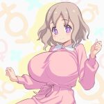  1girl breasts character_request dress grey_hair huge_breasts looking_at_viewer magaki_ryouta medium_hair onii-chan_wa_oshimai! pink_dress purple_eyes simple_background smile standing 