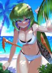  1girl absurdres antennae arthropod_girl beach bikini blue_sky breasts bug cleavage evolvingmonkey extra_arms extra_eyes extra_legs grasshopper grasshopper_inoue green_hair highres medium_breasts navel ocean original palm_leaf palm_tree purple_eyes sidelocks sky sweat swimsuit tree 