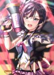  1girl bangs birthday black_hair breasts bright09 collar collarbone commentary earrings feather_hair_ornament feathers fingerless_gloves flower gloves grey_eyes hair_flower hair_ornament highres holding holding_megaphone jewelry light_particles like_it!_love_it! long_hair looking_at_viewer love_live! love_live!_nijigasaki_high_school_idol_club medium_breasts megaphone reaching_towards_viewer side_ponytail sidelocks signature single_glove smile solo sparkle upper_body yuuki_setsuna_(love_live!) 