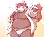  2023 ailurid anthro belly big_belly blush bulge clothed clothing futaba_kotobuki kemono male mammal moobs navel nipples open_clothing open_shirt open_topwear overweight overweight_male red_panda shirt solo takagi_kyou topwear trouble_(series) underwear 