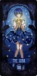  ayanami_rei black_border black_socks blue_dress blue_hair border card_(medium) dress english_text highres legs neon_genesis_evangelion non-web_source red_eyes red_ribbon ribbon roman_numeral school_uniform shirt socks tarot the_star_(tarot) thighs tokyo-3_middle_school_uniform white_footwear white_shirt 