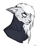  anthro artist_name bust_portrait ears_back facial_markings female fur hair head_markings inner_ear_fluff long_hair markings monochrome mouth_closed pivoted_ears portrait simple_background solo tuft unknowhiter 