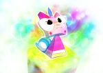  absurd_res big_eyes blush blush_stickers eyelashes female feral hi_res lego moon-watcher pink_body solo the_lego_movie two_tone_tail unikitty 