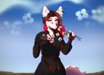  2023 anthro ariannafray_pr blue_eyes breasts brown_hair canid canine clothed clothing day detailed_background digital_media_(artwork) eyebrows eyelashes female fox hair heterochromia looking_at_viewer mammal outside red_hair sky solo 