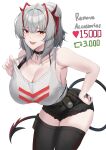  1girl absurdres antennae arknights black_bra black_shorts black_thighhighs bra bra_strap bra_visible_through_clothes breasts choker cleavage cowboy_shot fangs grey_hair hair_between_eyes hand_on_hip highres horns kanta_(kanta_077) large_breasts leaning_forward looking_at_viewer meme open_mouth orange_eyes ponytail pouch short_shorts shorts simple_background smile solo strap_pull tail tank_top thighhighs twitter_strip_game_(meme) underwear w_(arknights) white_background 