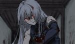  1girl ak-15_(girls&#039;_frontline) angry arigatoner bare_shoulders black_gloves bleeding blood blood_on_clothes blood_on_face clenched_teeth commentary elbow_gloves girls&#039;_frontline gloves glowing glowing_eyes grey_hair hair_over_eyes indoors injury long_hair looking_at_viewer messy_hair purple_eyes solo tactical_clothes teeth upper_body 