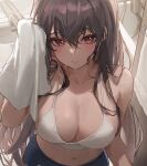  1girl blush breasts brown_hair hair_between_eyes highres holding holding_towel large_breasts long_hair looking_at_viewer midriff mungduck red_eyes shorts solo tank_top towel wet_face white_tank_top 