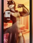  anthro apple_inc. big_chest brown_body brown_fur canid canine canis cellphone clothing elzix_(elzix) flexing flexing_bicep fur genitals hi_res iphone knot large_male lgbt_pride male mammal mirror muscular muscular_male nude orange_eyes penis phone selfie shirt shorple smartphone solo topwear wolf 