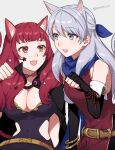  1girl animal_ears bangs bare_shoulders black_cape bodysuit breasts cape cat_day cat_ears cat_tail choker cleavage dress facial_mark fire_emblem fire_emblem:_radiant_dawn fire_emblem_engage gloves grey_hair hair_ornament hair_ribbon half_updo highres large_breasts long_hair micaiah_(fire_emblem) official_alternate_eye_color open_mouth peach11_01 red_eyes red_hair ribbon scarf side_cutout sleeveless sleeveless_dress smile solo star_(symbol) star_facial_mark star_hair_ornament tail yunaka_(fire_emblem) 