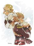  1boy 1girl absurdres bangs blonde_hair blush braid carrying carrying_over_shoulder crossed_arms findoworld gloves hair_ornament highres holding link on_shoulder pointy_ears pout princess_zelda short_hair the_legend_of_zelda the_legend_of_zelda:_tears_of_the_kingdom winter_clothes 
