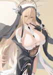  1girl absurdres azur_lane bangs bare_shoulders black_gloves black_headwear blonde_hair breasts closed_mouth gloves hair_between_eyes highres horns implacable_(azur_lane) large_breasts long_hair long_sleeves looking_at_viewer nun orange_eyes simple_background smile solo thighhighs tnr_(horiko1525) white_thighhighs wide_sleeves yellow_background 