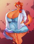  2023 anthro big_breasts breasts brown_eyes canid canine canis clothing domestic_dog dress female ginger_(jaeh) hair hand_in_pocket hi_res huge_breasts jaeh looking_away mammal orange_hair pockets solo teeth thick_thighs 