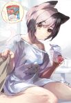  1girl animal_ear_fluff animal_ears bangs barefoot black_hair blue_shirt brown_eyes cat_ears cat_girl cat_tail closed_mouth commentary_request cup drinking_straw ech highres holding looking_at_viewer mug off_shoulder original shirt short_sleeves sitting solo table tail translation_request wariza window 
