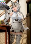  1girl absurdres animal_ear_fluff animal_ears animal_print arm_at_side bangs bare_shoulders belt black_hair bobcat_(kemono_friends) breasts collared_shirt elbow_gloves extra_ears feet_out_of_frame gloves grey_eyes grey_hair hand_up high-waist_skirt highres holding holding_tray indoors kawanami_eito kemono_friends long_hair looking_to_the_side low_ponytail lynx_ears lynx_girl lynx_tail miniskirt multicolored_hair necktie open_mouth pocket ponytail print_gloves print_necktie print_skirt print_thighhighs shirt skirt sleeveless sleeveless_shirt smile solo table tail thighhighs tray walking white_hair white_shirt wing_collar zettai_ryouiki 