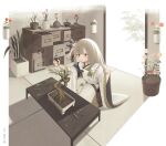  1girl apron bandaid bandaid_on_hand bangs blunt_bangs bonsai cabinet commentary drawer english_commentary flower girls&#039;_frontline girls&#039;_frontline_neural_cloud green_eyes hair_ornament highres indoors japanese_clothes kimono light_brown_hair long_hair plant potted_plant pruning_shears sakuya_(girls&#039;_frontline_nc) shears solo table tatami vialle wide_sleeves 