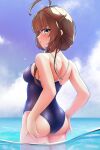  1girl adjusting_clothes adjusting_swimsuit ahoge alternate_costume arthur_ko ass ass_support back blue_eyes blue_one-piece_swimsuit blush braid breasts brown_hair cloud cloudy_sky competition_school_swimsuit competition_swimsuit day hair_flaps hair_over_shoulder highres jewelry kantai_collection looking_at_viewer ocean one-piece_swimsuit open_mouth ring school_swimsuit shigure_(kancolle) shigure_kai_san_(kancolle) single_braid sky small_breasts swimsuit water 