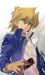  1boy bangs blonde_hair blue_jacket brown_eyes card closed_mouth domino_high_school_uniform highres holding holding_card jacket jounouchi_katsuya long_sleeves male_focus open_clothes open_jacket school_uniform shirt smile solo tomaton_(t_0) upper_body white_shirt yu-gi-oh! yu-gi-oh!_duel_monsters 