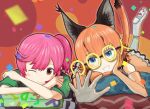  2girls animal_ears blue_eyes boots bow bowtie caracal_(kemono_friends) elbow_gloves extra_ears glasses gloves jacket kemono_friends kemono_friends_v_project looking_at_viewer microphone multiple_girls nana_(kemono_friends) nishnish5319 one_eye_closed orange_hair pink_hair red_eyes skirt smile tail virtual_youtuber 