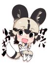  1girl african_wild_dog_(kemono_friends) african_wild_dog_print animal_ears animal_print bangs black_hair bodystocking bow bowtie breast_pocket chibi dog_ears dog_girl dog_tail extra_ears full_body grey_eyes grey_hair hands_up highres kemono_friends knees_up layered_sleeves long_sleeves looking_at_viewer masuyama_ryou medium_hair multicolored_hair open_mouth pocket print_sleeves shirt short_over_long_sleeves short_sleeves shorts sidelocks simple_background smile solo tail white_background white_shirt 
