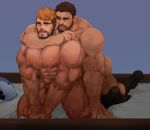  2boys abs absurdres anal arm_hair arms_around_neck avatar_(ff14) bara beard bighaozi black_socks blonde_hair chris_redfield commission completely_nude crossover facial_hair final_fantasy final_fantasy_xiv florid_(blade_florid) highres kneeling large_pectorals male_focus mature_male multicolored_hair multiple_boys muscular muscular_male mustache nipples nude on_bed original pectorals resident_evil roegadyn second-party_source sex sex_from_behind short_hair smile socks stomach stuffed_animal stuffed_shark stuffed_toy sweat thick_eyebrows torogao two-tone_hair yaoi 