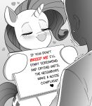  &lt;3 blush clothed clothing cutie_mark duo english_text equid equine eyebrows eyelashes eyes_closed faceless_character faceless_male female female_focus feral friendship_is_magic greenybeanz hair hasbro hi_res hooves horn human impregnation_request long_hair male male/female mammal monochrome motion_lines my_little_pony rarity_(mlp) shirt smile text topwear unicorn unicorn_horn 