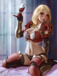  1girl adeptus_astartes alcohol armor armored_boots bikini_armor blonde_hair blood_angels blue_eyes blush boots breasts closed_mouth commentary_request covered_nipples cup curtains drinking_glass full_body gauntlets highres indoors lips lipstick long_hair looking_at_viewer makeup navel pauldrons photoshop_(medium) pinky_out shoulder_armor smile solo space_marine themaestronoob thighhighs warhammer_40k wine wine_glass 