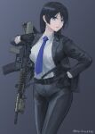  1girl absurdres bangs black_gloves black_hair black_jacket black_pants blue_eyes blue_necktie breasts collared_shirt commentary_request commission d-sawa613 dress_shirt gloves grey_background gun highres holding holding_gun holding_weapon jacket long_hair long_sleeves looking_at_viewer medium_breasts necktie open_clothes open_jacket original pants parted_bangs parted_lips shirt simple_background skeb_commission solo twitter_username very_long_hair weapon weapon_request white_shirt 