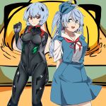  2girls 3girls ayanami_rei ayanami_rei_(cosplay) black_bodysuit black_survival blonde_hair blue_bow blue_eyes blue_hair blue_skirt blue_vest blush bodysuit bow braid breasts closed_mouth commentary_request cosplay crossover emma_hardy feet_out_of_frame hair_bow highres kurodani_yamame large_breasts long_hair looking_at_viewer medium_breasts multiple_girls neck_ribbon neon_genesis_evangelion one_side_up open_mouth plugsuit red_eyes red_ribbon ribbon rinyamame shirt short_hair skirt smile touhou twin_braids vest white_shirt 