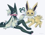  1other :3 animal_feet animal_hands animal_nose arm_at_side artist_name blank_eyes blue_eyes body_fur closed_mouth fang feet floating floating_object full_body fur_collar furry green_fur green_hair grey_background half-closed_eyes hand_up happy highres ibusaki_(ivu) jolteon knee_up legs looking_at_viewer lying meowscarada on_side other_focus pawpads pokemon pokemon_(creature) red_eyes shiny_skin short_hair signature simple_background sitting skin_fang smile twitter_username two-tone_fur 