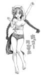  1girl animal_ears arm_up barefoot beret braid breasts full_body gaze_on_me!_outfit_(umamusume) greyscale hamao hat highres hokko_tarumae_(umamusume) horse_ears horse_tail long_braid looking_at_viewer medium_breasts midriff monochrome navel open_mouth shorts simple_background solo standing tail twin_braids umamusume white_background 