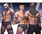  3boys abs bara black_gloves black_hair black_pants blue_eyes call_of_duty call_of_duty:_modern_warfare_2 facial_hair fingerless_gloves ghost_(modern_warfare_2) gloves highres jewelry konig_(call_of_duty) large_pectorals male_focus mask multiple_boys muscular muscular_male navel necklace nipples pants pectorals short_hair sidecut skull_mask soap_(modern_warfare_2) tazahan wrestling_outfit wwe 