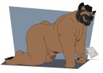  2021 absurd_res all_fours anthro balls barefoot bear beard bedroom_eyes belly big_belly big_butt brown_body brown_fur butt clothing cowboy cowboy_hat facial_hair feet fist fur genitals hat headgear headwear hi_res locofur looking_back male mammal mature_male moobs narrowed_eyes nipples overweight overweight_anthro overweight_male penis pubes scruffy_(character) seductive side_view simple_background solo 