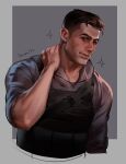  1boy absurdres bara black_hair brown_eyes bulletproof_vest call_of_duty call_of_duty:_modern_warfare_2 character_name closed_mouth grey_shirt hand_on_own_neck highres male_focus muscular muscular_male rudy_(modern_warfare_2) sasha_shkret shirt short_hair simple_background smile solo upper_body 