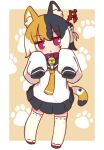  1girl :&lt; animal_ears bell black_hair black_skirt blush calico cat_ears cat_girl cat_tail chibi closed_mouth collar hair_ornament hairpin highres jitome long_sleeves looking_at_viewer multicolored_hair naga_u neck_bell orange_hair original paw_print paw_print_background pleated_skirt red_collar red_eyes skirt sleeves_past_fingers sleeves_past_wrists solo standing tail thighhighs white_hair white_thighhighs 