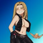  1boy 1girl areola_slip bangs belt_buckle black_gloves black_pants black_survival black_vest blonde_hair blue_background blush breasts brown_gloves buckle collared_vest commentary_request contrapposto cowboy_shot gloves gradient_background grin hand_in_pocket highres jenny_sinclair kurodani_yamame large_breasts long_hair looking_at_viewer magnus_scott navel pants parted_bangs rinyamame smile solo_focus touhou vest yellow_eyes 