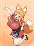  1girl :d absurdres animal_ear_fluff animal_ears black_footwear black_shorts blonde_hair blush breasts brown_background brown_eyes commentary_request feet_out_of_frame fox_ears fox_girl fox_tail heart heart_background highres ichika_(ichika_manga) japanese_clothes jewelry kimono large_breasts long_hair looking_at_viewer magatama magatama_necklace necklace original outstretched_arm red_kimono short_eyebrows short_shorts short_sleeves shorts smile solo standing standing_on_one_leg tail thick_eyebrows very_long_hair zouri 