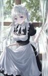  1girl alternate_costume apron apron_lift bangs blue_eyes blush bow bowtie chie_(user_snfh8333) commentary curtains enmaided frilled_apron frills grey_hair highres indoors long_hair looking_at_viewer maid maid_apron maid_headdress original smile solo white_bow white_bowtie window 