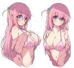  1girl bangs bare_shoulders bikini bikini_top_only blue_eyes blush bocchi_the_rock! breasts cleavage collarbone cube_hair_ornament eyes_visible_through_hair frown gotou_hitori hair_between_eyes hair_ornament highres jacket large_breasts long_hair long_sleeves mel_(melty_pot) multiple_views navel off_shoulder one_side_up open_clothes open_jacket open_mouth pink_bikini pink_hair pink_jacket pink_track_suit simple_background sweatdrop swimsuit swimsuit_under_clothes track_jacket underboob upper_body white_background 