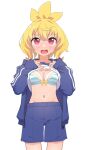  1girl bangs blonde_hair blue_jacket blue_shorts blush bow bow_bra bra breasts cleavage clothes_lift copyright_request gym_shirt gym_shorts gym_uniform hair_between_eyes hands_up highres jacket lifted_by_self long_sleeves medium_breasts navel open_clothes open_jacket open_mouth owasaki puffy_long_sleeves puffy_sleeves red_eyes shirt shirt_lift shorts simple_background sleeves_past_wrists solo standing striped striped_bra teeth track_jacket underwear upper_teeth_only white_background white_shirt 